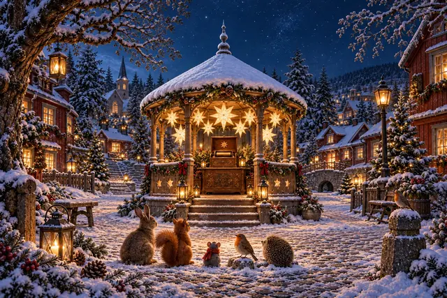 En stjärnupplyst träpaviljong på byns snötäckta torg.