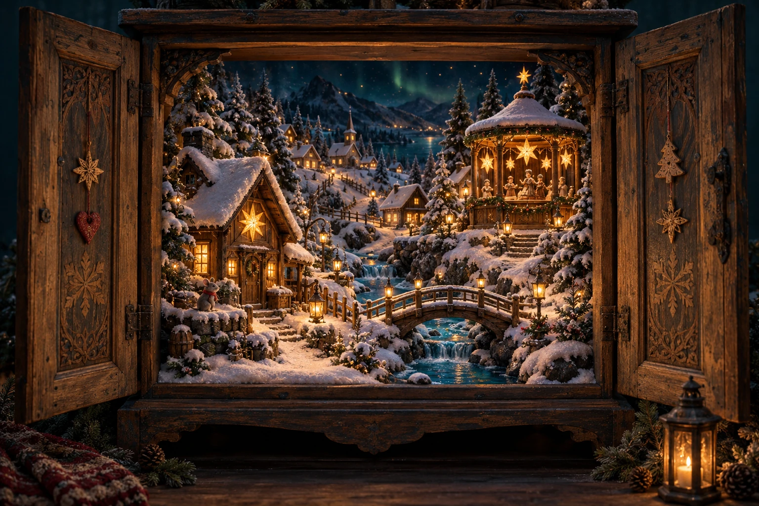 Ett öppet gammalt träskåp rymmer en snötäckt by med ett stjärnfönster, en liten bro och en lysande musikpaviljong.